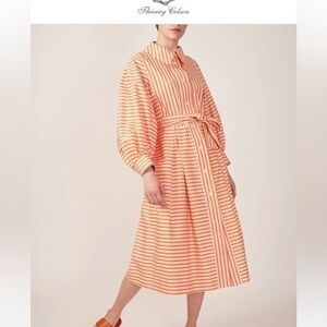 UEC Thierry Colton Yvonne dress puffed sleeve orange striped shirt dress small